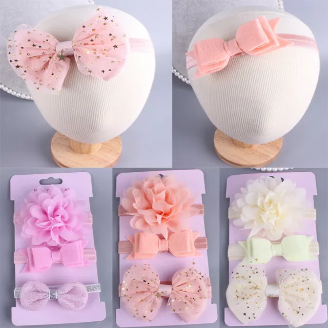 3PCS /Set Newborn Baby Girls Flower Headband Soft Elastic Bow Knot Hair Band UK