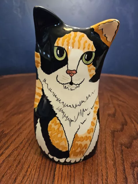 Cats by Nina Ceramic Cat Vase Nina Lyman Calico Tabby 8” Orange and Black Signed