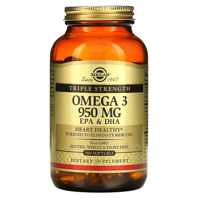 SOLGAR OMEGA 3 EPA & DHA, Triple Strength, 950 mg, 100 Softgels, Expiry