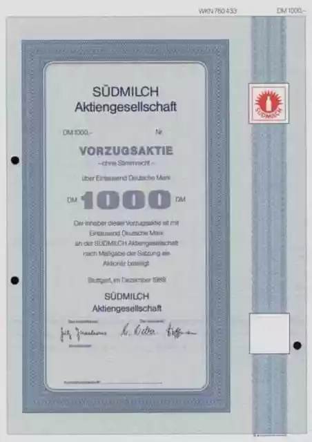 Südmilch AG 1989 Milchverwertung Stuttgart Württemberg Heilbronn 1000 DM Blanco