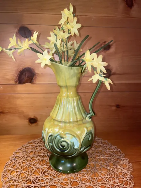 Vintage 1970s Royal Haeger Pottery Marigold Green Drip Glaze Handle Pitcher Vase