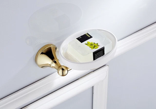 Gold Color Brass Wall Mounted Bathroom Brass Soap Dish Holder Ceramic Cup wba878