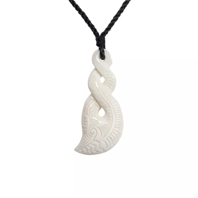 81stgeneration Collier Pendentif Os Sculpté Long Gravé Maori Double Pikorua