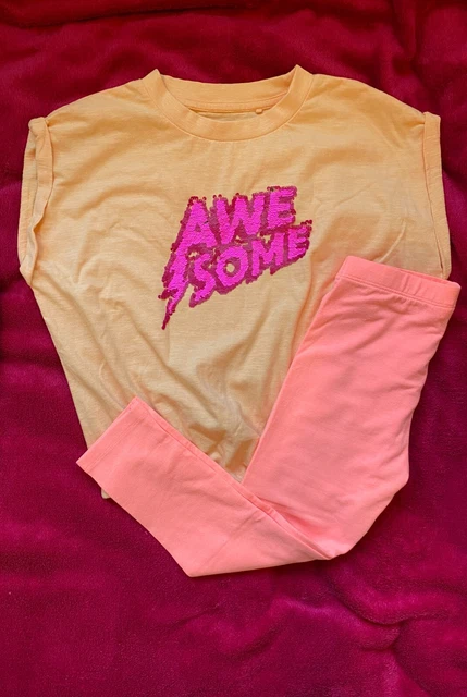Girls NEW Next 6-7 years Yellow Sequin Top & Peach Leggings Bundle Job Lot Set