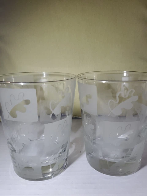 Vintage Set Of 2 Etched Maple/Elm Leaf Drinking Glasses Old Fashioned Barware