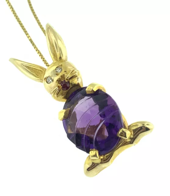 Vintage Amethyst, Diamond and Ruby Bunny Rabbit Pendant Necklace 14k Yellow Gold