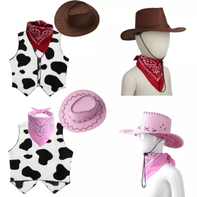 Kids Girls Western Cowgirl Flannel Vest Stylish Hat Fancy Dress Cosplay Costume