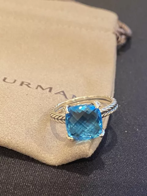 David Yurman 11mm Blue Topaz Chatelaine Diamond Ring Size 7