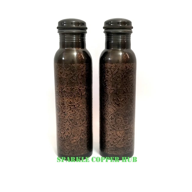 Antigua Botella de Cobre Floral Grabado Negro Oxidado India Ayurveda Juegos de 2 Piezas