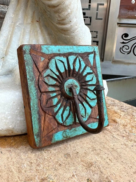 Antique Old Wooden Hand Carved  Floral Green Design Wall Hanging Hook Hanger