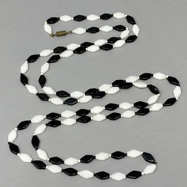 Glass Bead Necklace Black White Diamond Shape Alternating Flapper Art Deco 54"