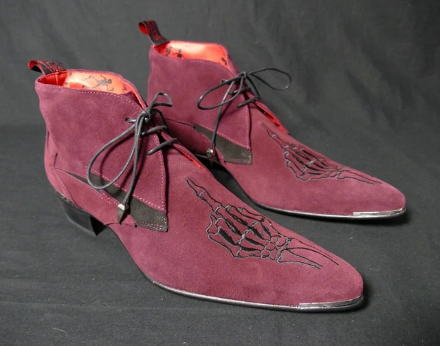 JEFFERY-WEST 'MUSE' Burgundy Suede MANIC Skeleton finger Chukka boot UK 8