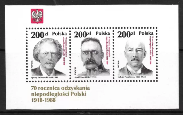 STAMPS-POLAND. 1988. 70th Anniv Polish Republic Miniature Sheet. SG: MS3189. MNH