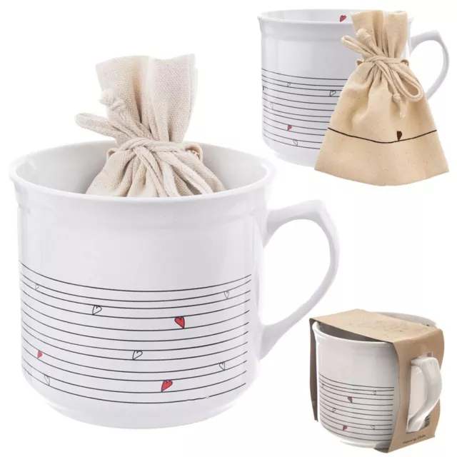 Keramikbecher mit Säckchen Kaffeetasse Teebecher Keramik weiß HERZEN 700 ml