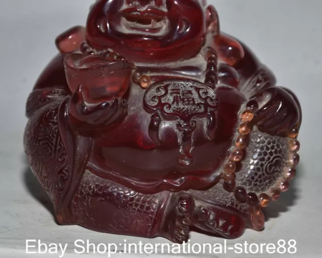 4.4" Old Chinese Red Amber Carving Feng Shui Happy Laugh Maitreya Buddha Statue 3