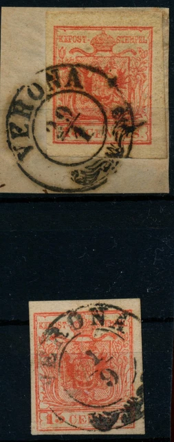 LOMBARDEI-VENETIEN 1850 2MARKE:15C, HP, Type III. und 15C, MP, Type III. VERONA.