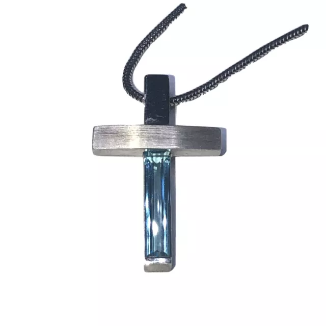 Sterling Silver 925 Cross Pendant With Necklace With Rectangular Aquamarine !