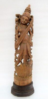 Antique Old Rare Hand Carved Wood Hindu Goddess Sarswati Worship Figure Statue