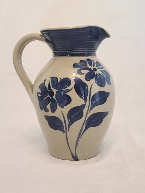 Vtg Williamsburg Pottery Factory Salt Glazed Pitcher Blue Floral 7 1/2" Tall