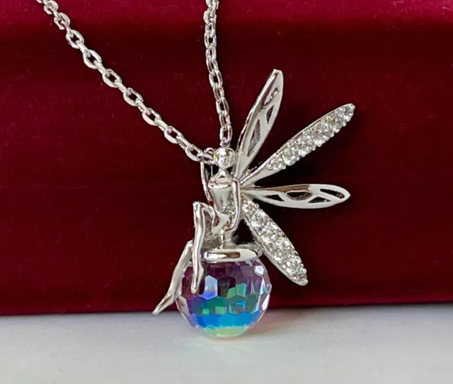 Luxus Halskette Anhänger Elfe Fee Tinkerbell mit Crystal Kristall Weißgold pl.