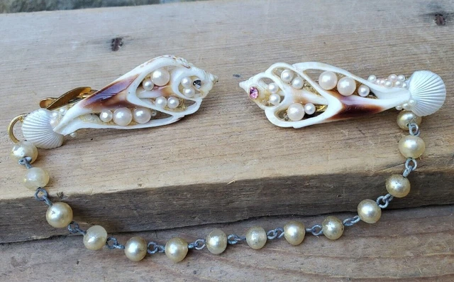 Vintage Pairs Faux Pearl Beaded Real Shell Sweater/collar Clips