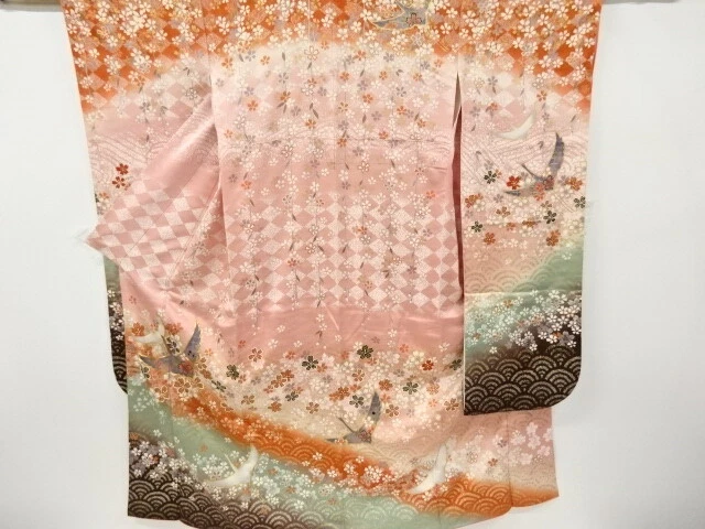 6320522: Japanese Kimono / Vintage Furisode / Embroidery / Sakura & Cranes