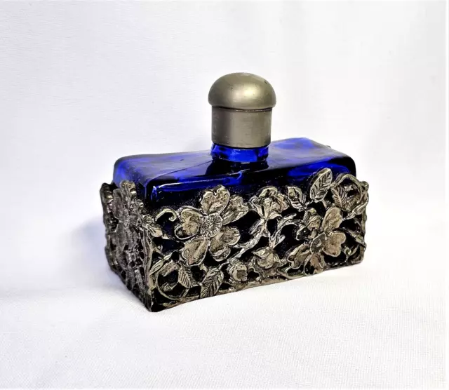 Cobalt Blue Glass Empty Perfume Bottle Silver Plated Flower Filigree Silvestri 2