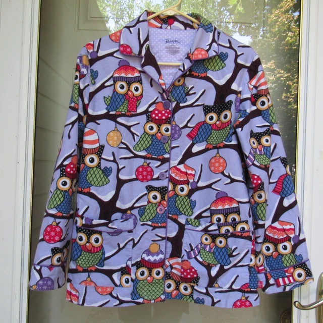 Nick & Nora Flannel Pajamas Shirt Purple Snow Owl Button Sleepwear Women's Small