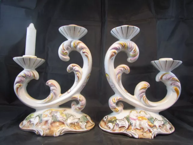 9" Tall Antique European "Alcobaca" Portugal Porcelain Candle Holders a pair