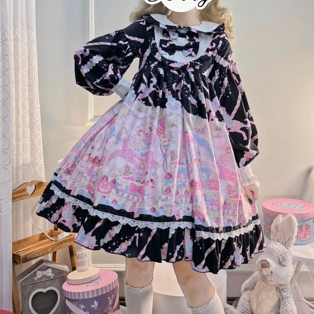 Donna Ragazza Lolita Abito Dolce Manica Lunga Midi Giapponese Rétro a Balze Arco