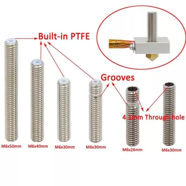 M6x30mm&40mm&50mm MK8 Nozzle Throat Tube For 3D Printer Extruder Makerbot 1.75mm