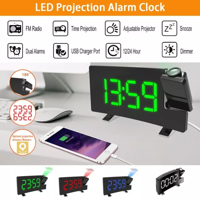 LED FM Radiowecker mit Projektion Digital UKW uhr Dimmbar Tischuhr Alarm USB DE