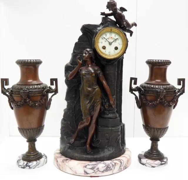Incredible Antique Art Nouveau Figural Mantel Clock Set 8 Day Striking 1895