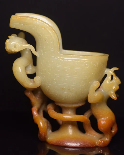 336g China Natural Hetian Jade Hand Carved Divine beast Statue cup Decoration