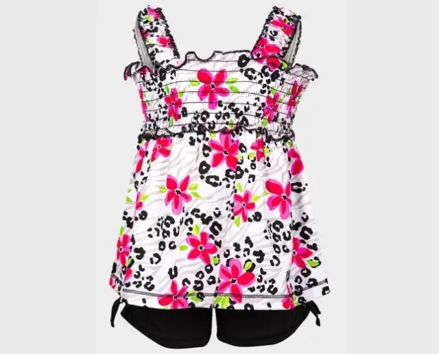 NEW Baby Girls Toddler cute 2 piece summer outfit smock top & shorts pink floral