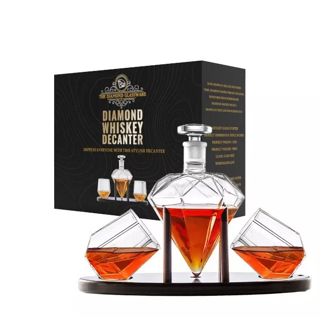 Diamond Whiskey Decanter With 2 Diamond Glasses Mahogany Wooden Holder