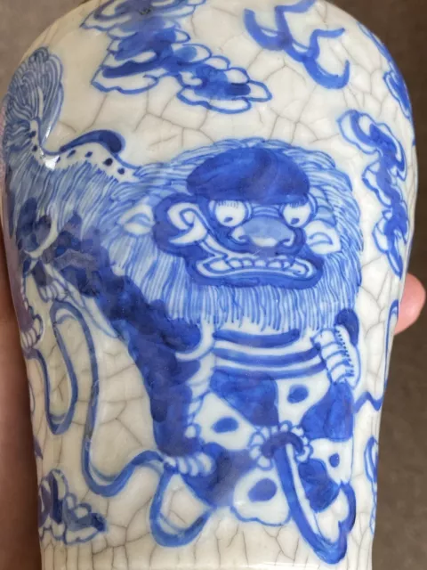 Antique Chinese Porcelain Baluster Vase Ge Glaze & Lions Late Qing Chenghua Mark