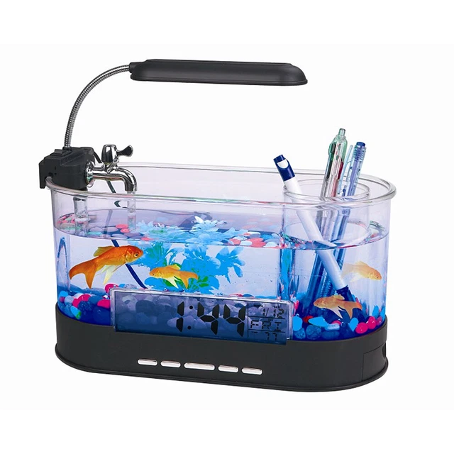 NEW! USB Desktop Aquarium Clock/Organizer with LED Light, Rocks, Plant