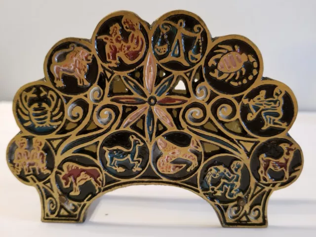 Vintage Brass And Enamel Napkin Holder Zodiac Signs Made In Israel