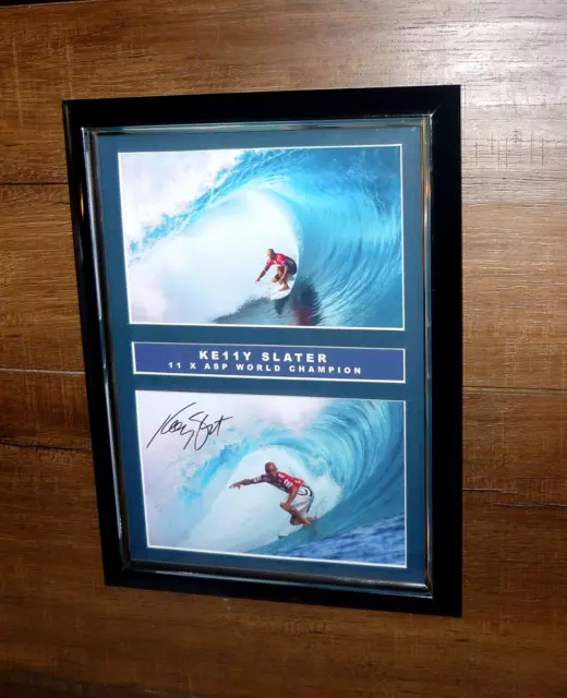 Kelly Slater ASP World Champion Surfing Photo Signed Framed  Black/Chrome Frame