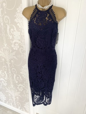 Lipsy BNWT VIP Navy High Neck Lace Overlay Occasion Midi Dress U.K. 12