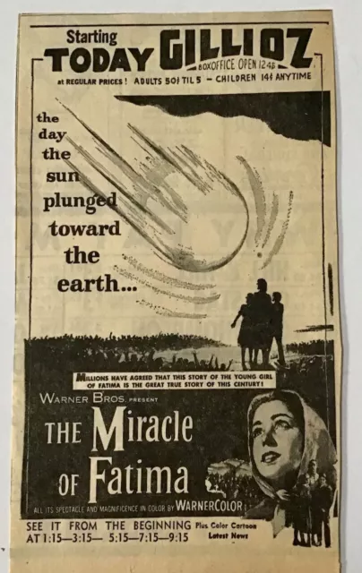 1953 newspaper ad for movie "The Miracle of Fatima"-Day sun plunged toward Earth