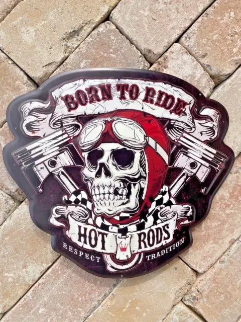 Blechschild Born To Ride Hot Rod Garage 50 cm Deko USA Werkstatt V8 Skull Biker