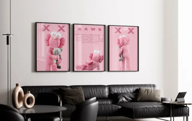 Set of 3 All Pink Kaws Art pieces canvas wall art home decor