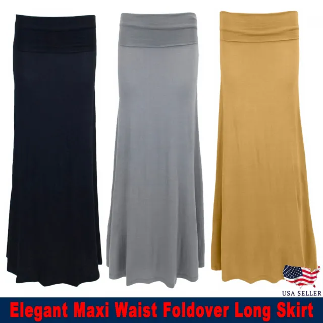 Neuf Femmes Jupe Maxi Revers Taille Bande Long Léger Solide Couleur Extensible