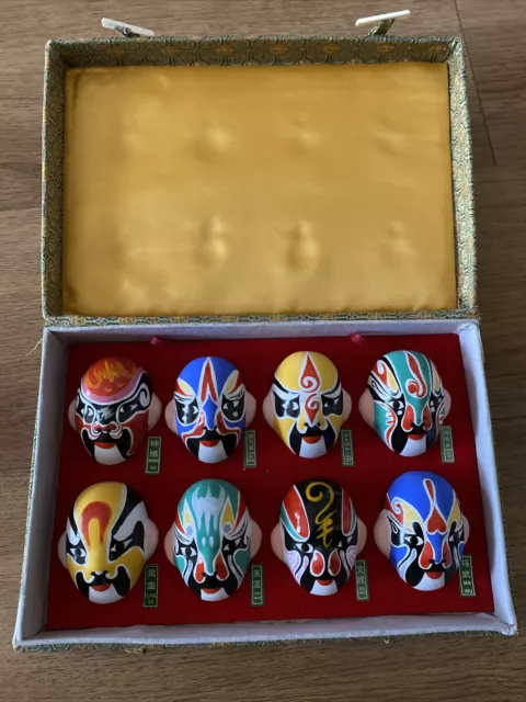 Set Of Eight Chinese Beijing Miniature Clay Face Opera Masks Gift Box Home Decor