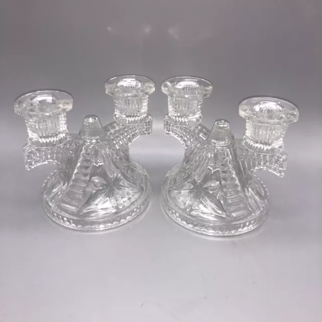 Pair Of Federal Glass Clear Wigwam Double Light 4 1/2" Candle Holders 1938-1945
