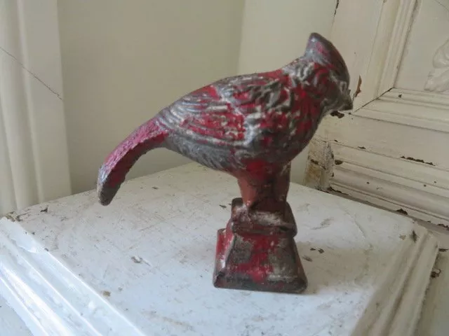 FABULOUS Old Vintage Cast Iron CARDINAL BIRD Statue PAPERWEIGHT Worn Red White