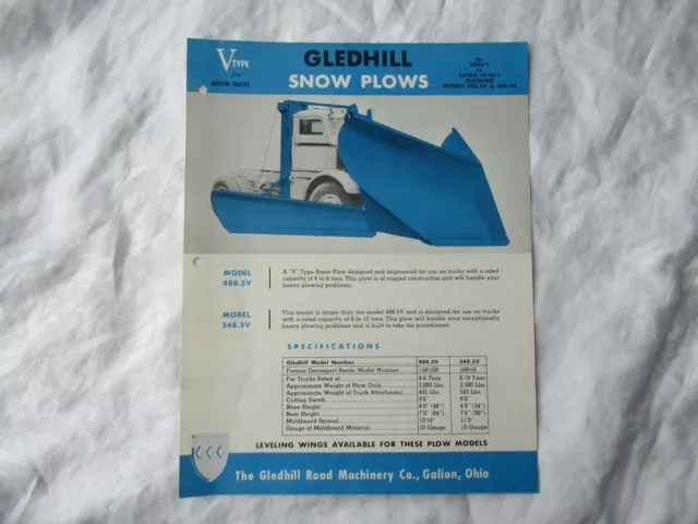 1956 Gledhill V-type snow plows for motor trucks specification sheet brochure