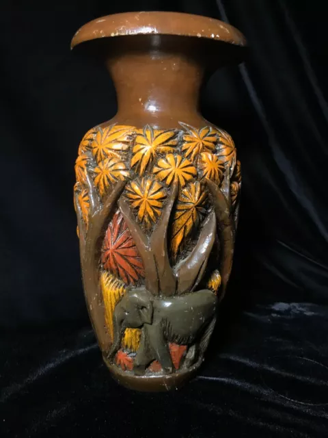 12" Vintage Elephant Wooden Large Vase Hand Carved Relief Painted MCM 70s Exotic